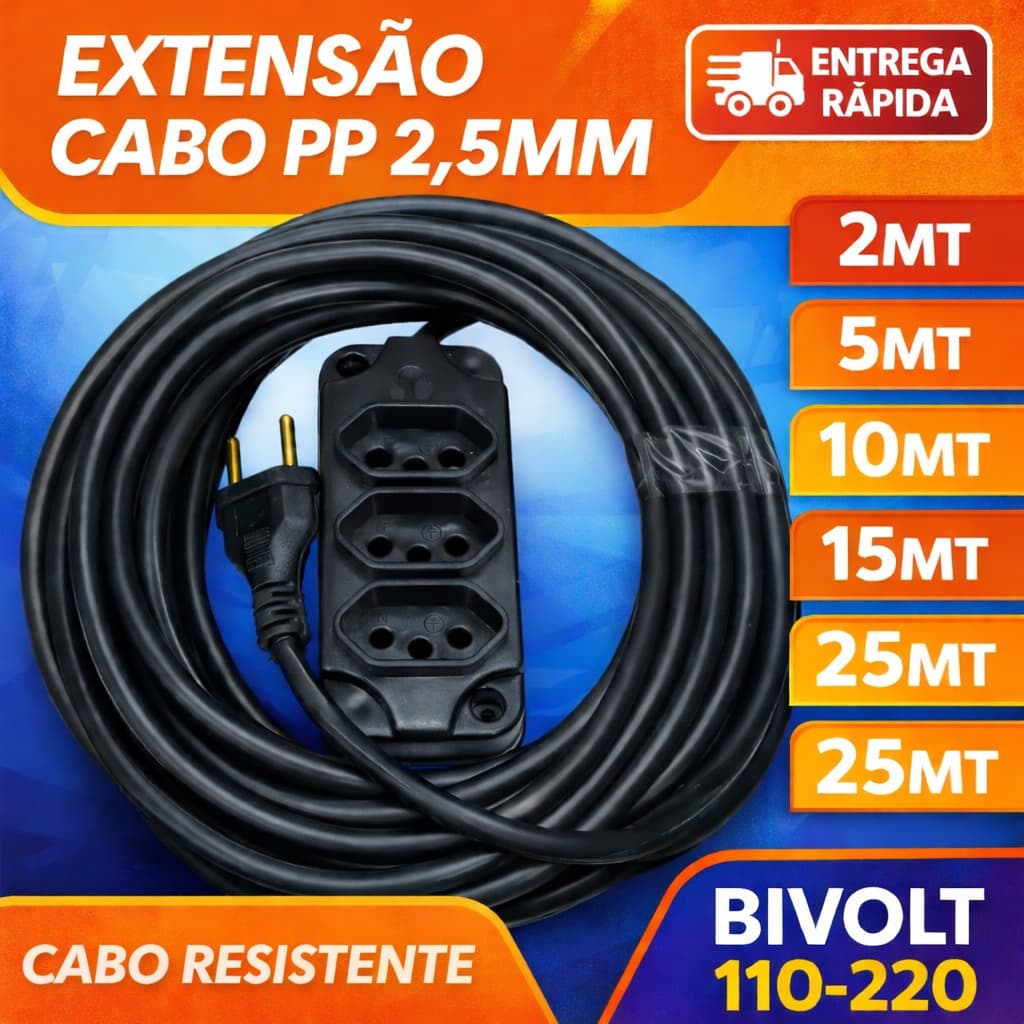 Extensão Cabo PP Reforçada Industrial Cabo 2,5 Grosso e resistente  5/10/15/20 Metros