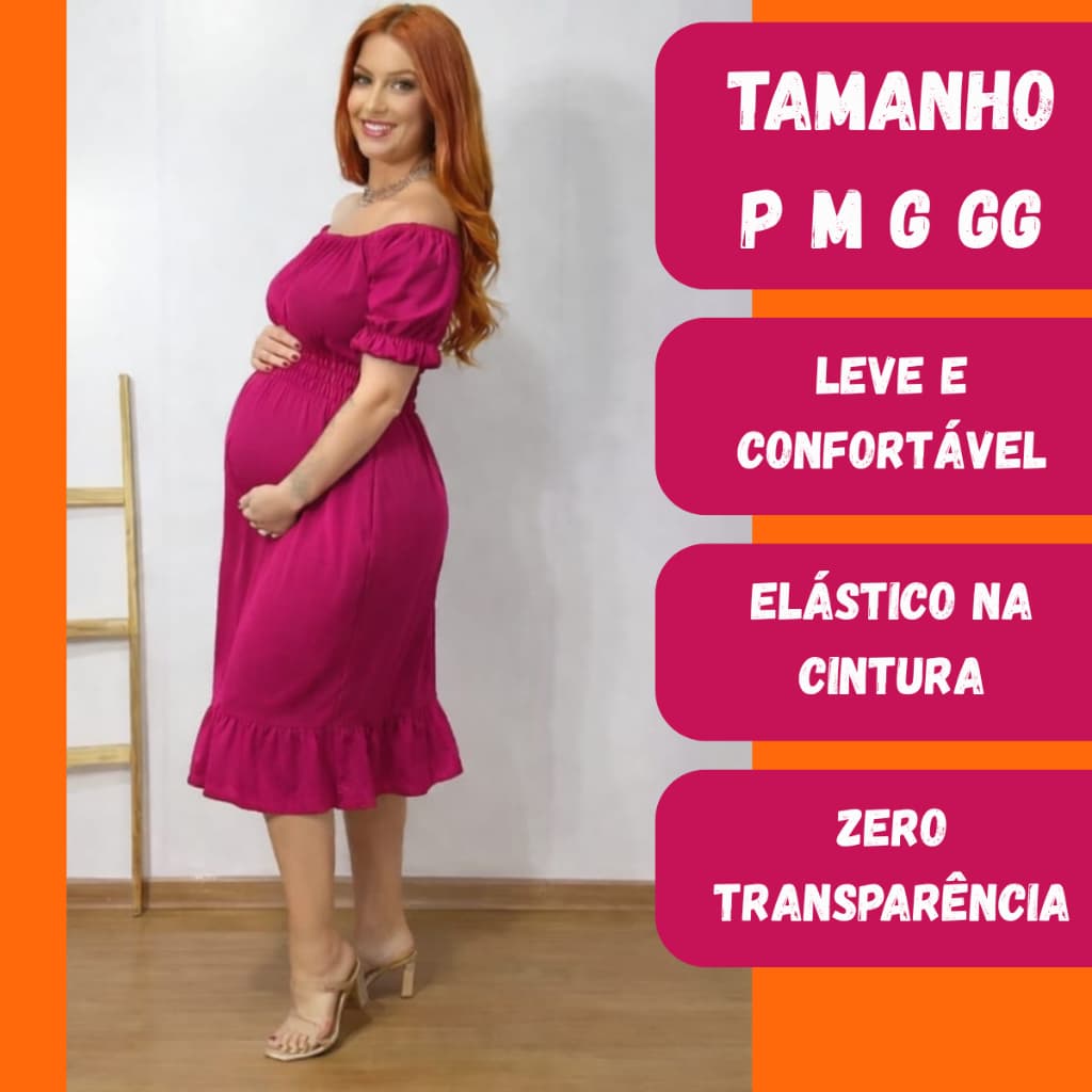 Vestido Midi Gestante Soltinho Grávida Moda Maternidade Estica Na Gravidez Elástico na Cintura