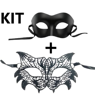 Kit Conjunto Máscara de Renda Preta + Máscara Veneziana Elegante 2 Peças Casal Baile de Máscaras