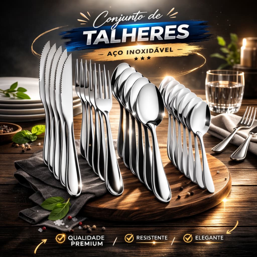Jogo de Talheres 24/48 peças Aço Inox Facas Garfos Colheres de Sopa e Colheres de Sobremesa