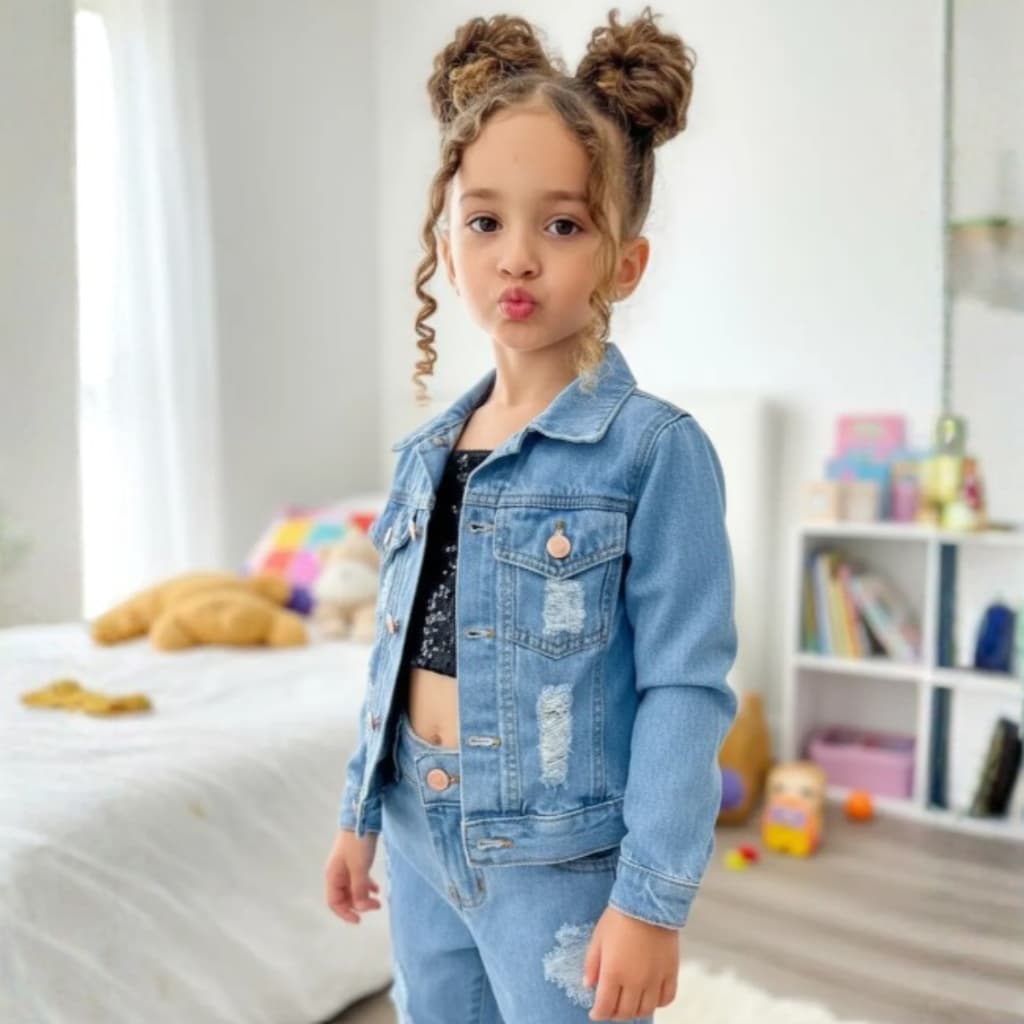Jaqueta Moda Infantil Menina Jeans com Detalhes Frontais