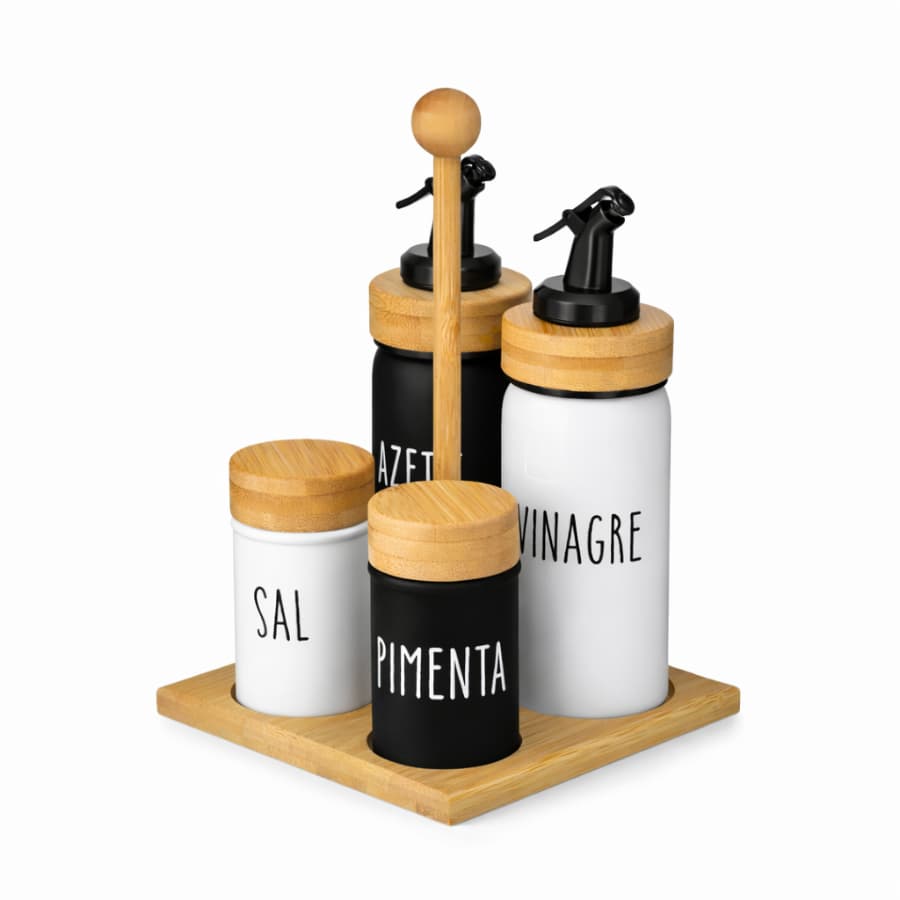 Galheteiro 5 Peças Com Suporte Bambu Saleiro Pimenteiro Doha