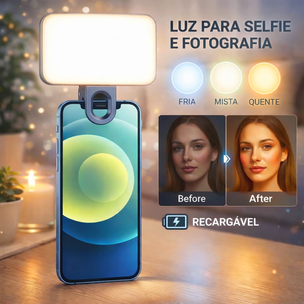 Mini LED Selfie Clip Portátil - 3 Modos de Luz p/ Celular e Maquiagem - Recarregável e Potente