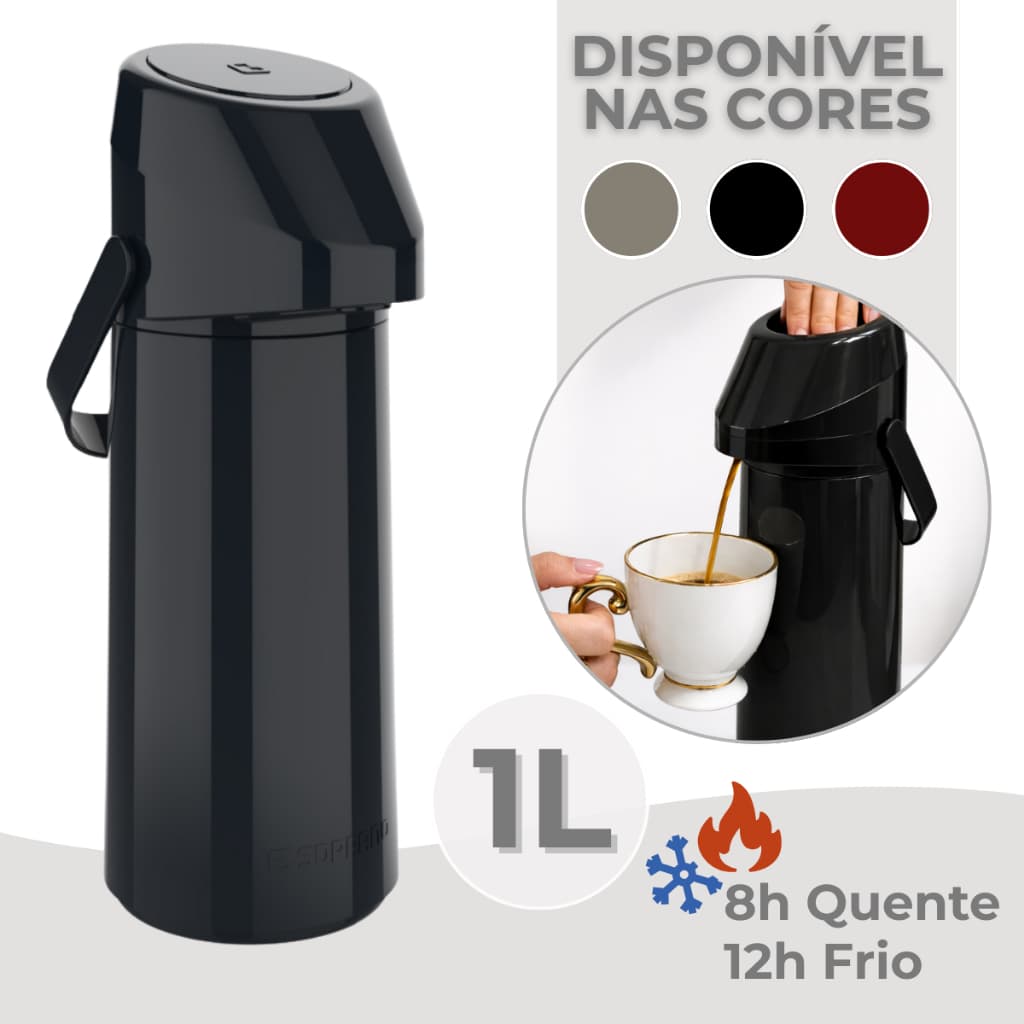 Garrafa Térmica Café Bomba De Pressão Soprano Rubi Vermelha Preta Fendi 1L Não Pinga
