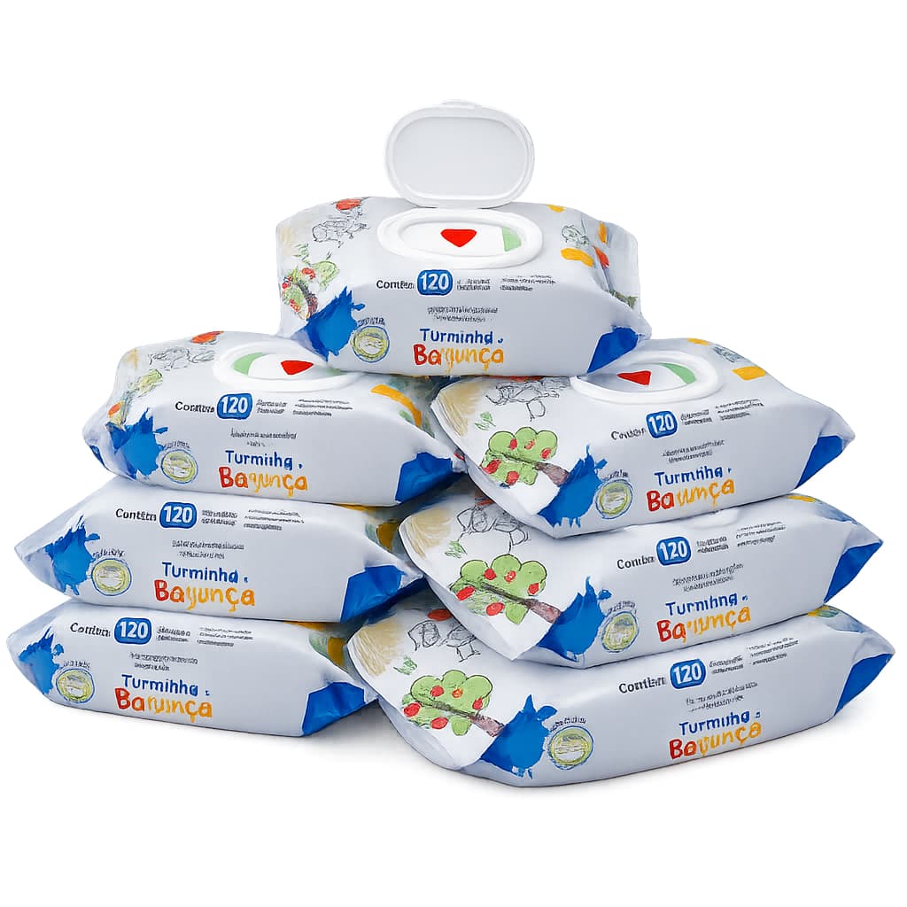 Kit 7 Toalhas Umedecidas Turminha da Bagunça 120 Folhas C/ Tampa 98% Água