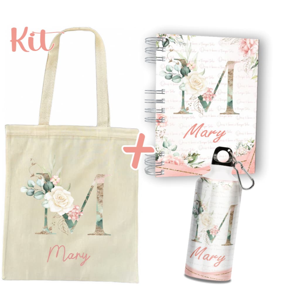 Kit Personalizado Agenda + Garrafa Alumínio + Escobag Algodão - Com Inicial e Nome - Capa Dura