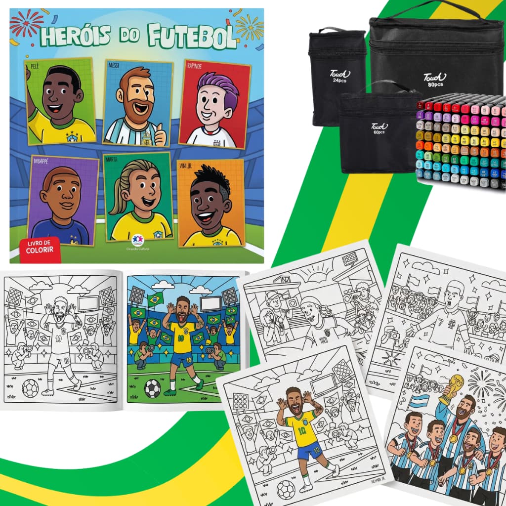 Kit Livro De Colorir Copa Do Mundo 2026 + 24/60/80 Canetinhas Colorida Eua Jogadores Seleção Brasil Futebol Ponta Bobbie
