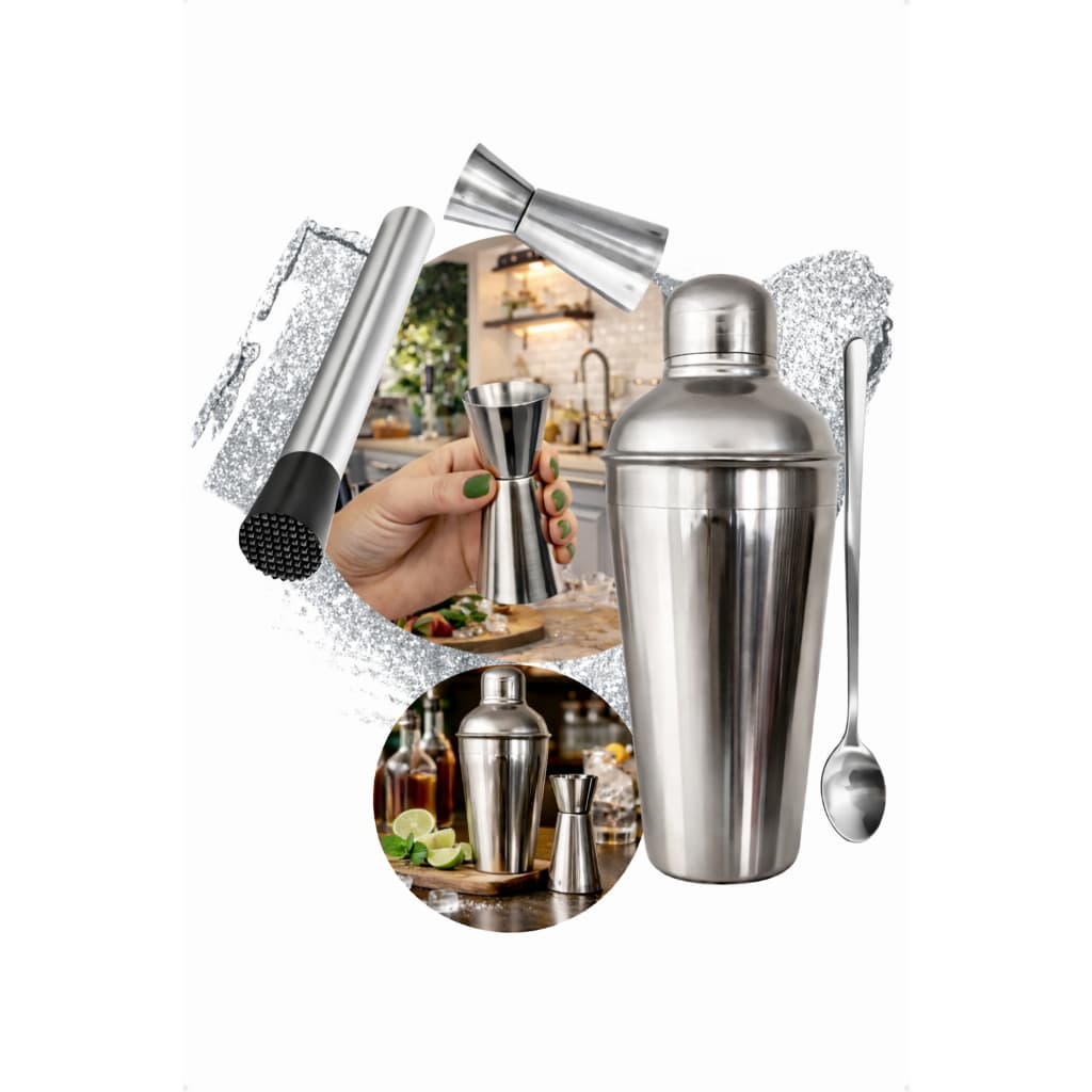 Kit Caipirinha 4 peças Inox Bartender Profissional - Coqueteleira 500ml, Socador, Dosador e Colher