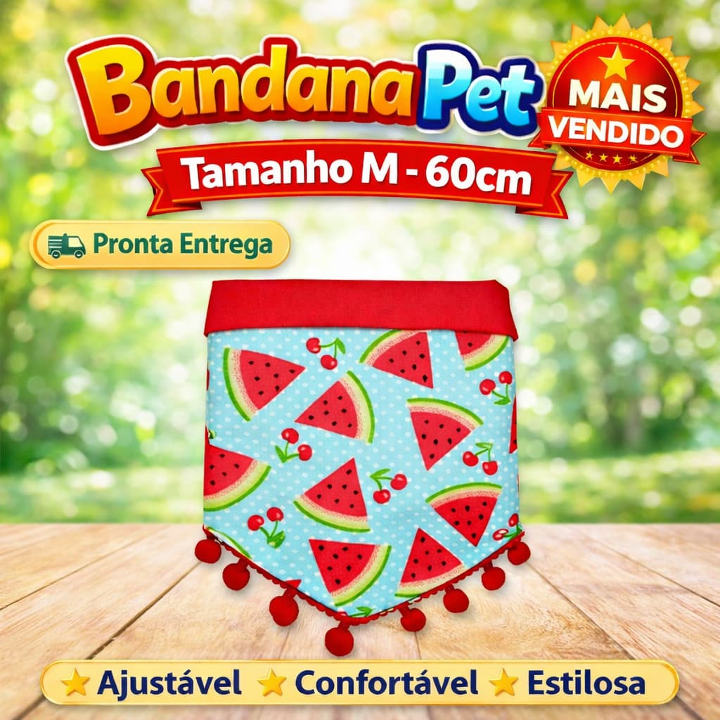 Bandana Pet Cachorro Acessórios Dupla Face Pompom Com laço Elástico Regulável Tamanho M