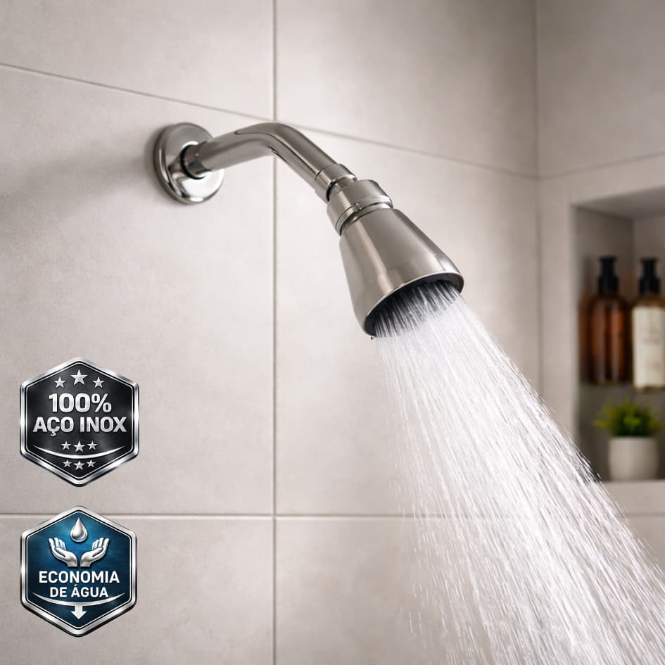 Ducha Chuveiro Fria Aço Inox Redondo com Bico Articulável Aquecedor Solar e Gás Banheiro e Piscinas