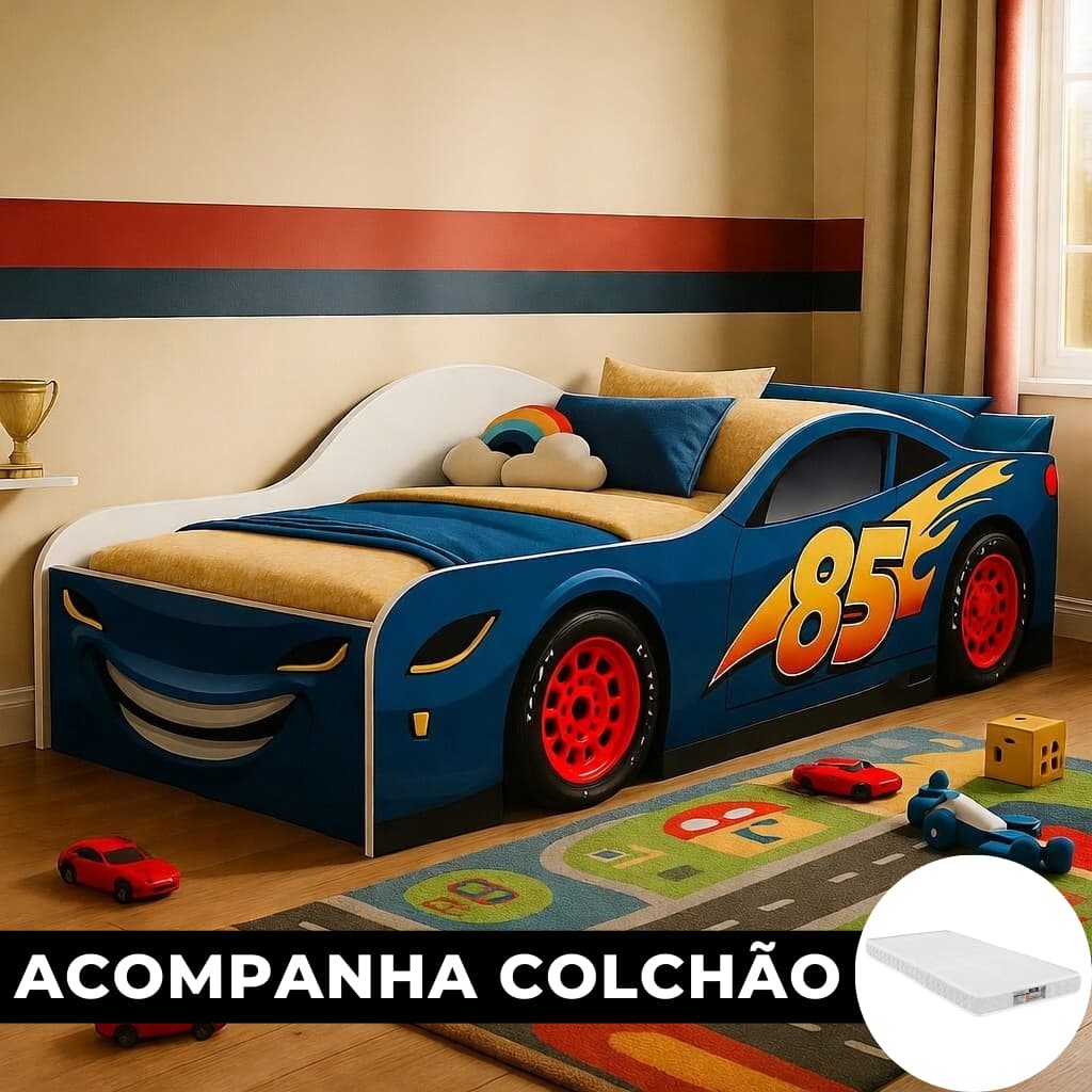 Cama Carro Infantil Junivel com Colchao Adesivada Quarto de Criança Cama com Proteção Laretal