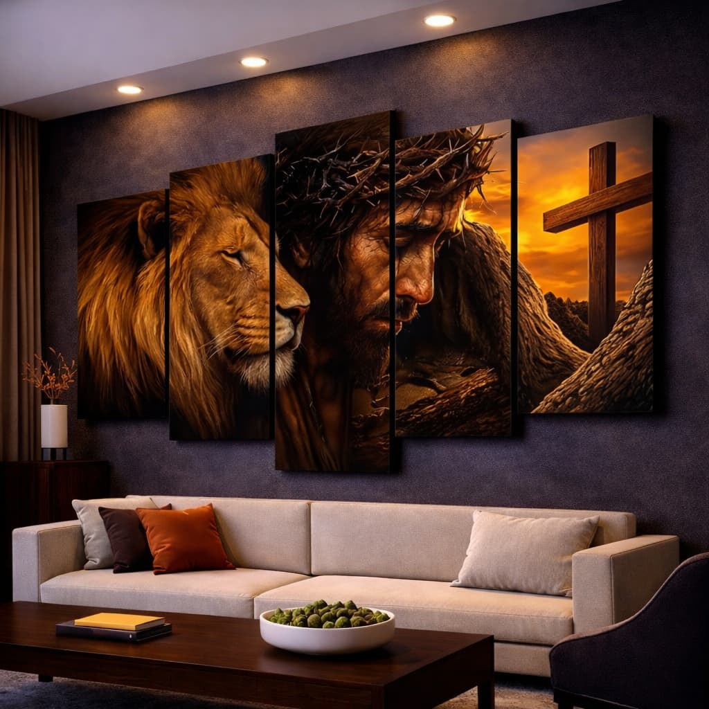 Kit 5 Quadros Decorativos Leão Religioso Jesus Mosaico Sala Quarto Escritório