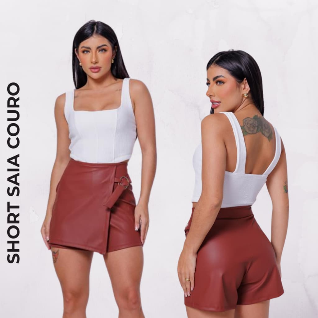 Short Saia Couro Feminino Cintura Alta Moda Blogueira Festa Rodeio Inverno 2026