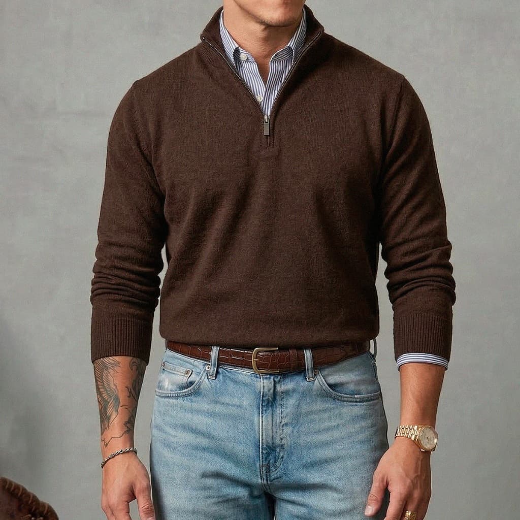 Suéter Old Money Meio Zíper com Gola Alta Masculino Manga Longa Gola polo Inverno Outono Diversas Cores