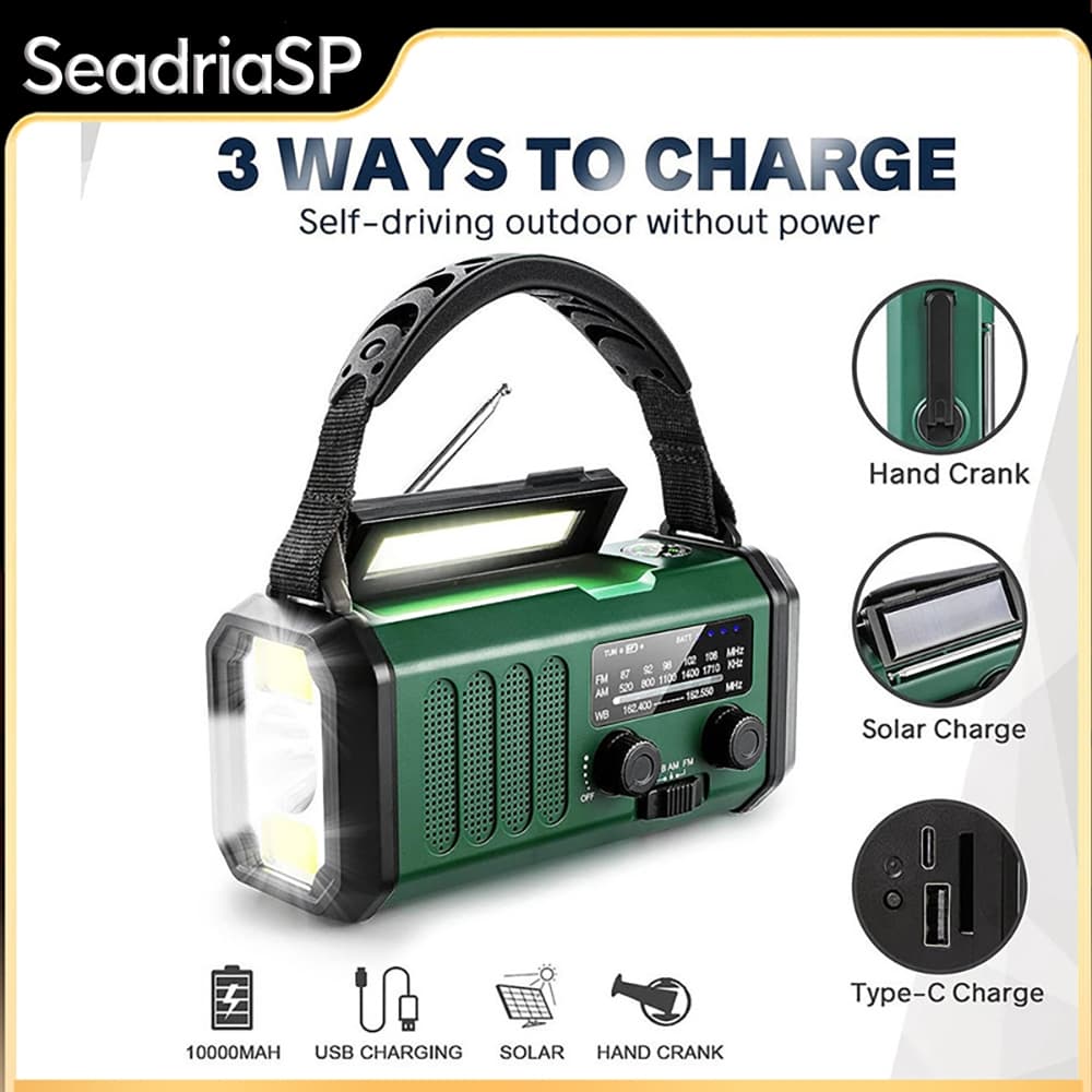 Multifuncional Rádio De Emergência Solar, Rádio De Manivela, Rádio AM/FM Tempo, 10000mAh, Carregamento Tipo C