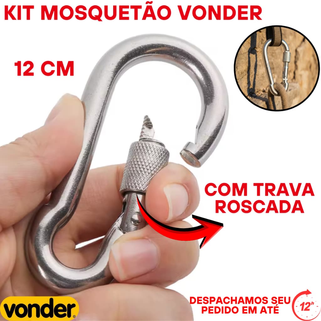 Oferta de 1 até 6 Mosquetão de 12cm-Trava ROSCADA p/ fixação de objeto/Equipamento-suporta até 450kg