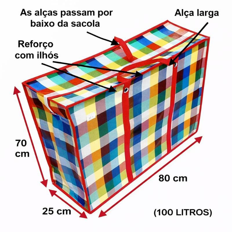 Kit 4un Sacola Sacoleira Paraguai Bolsa Viagem Feira GG Com Ziper 80x70x25cm