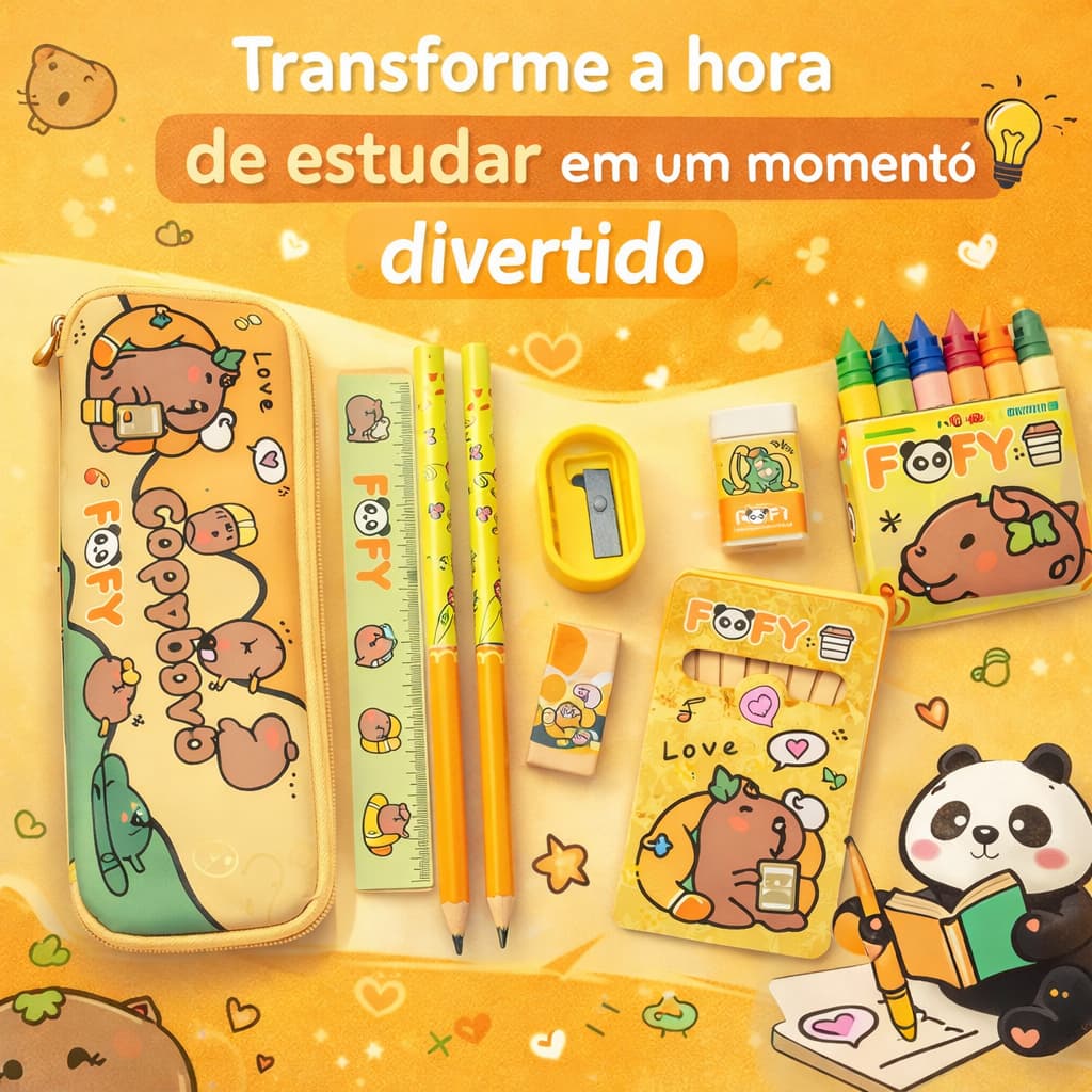 Kit Escolar Infantil Capivara ou Panda Completo Estojo Fofo Incentiva Estudo Criativo