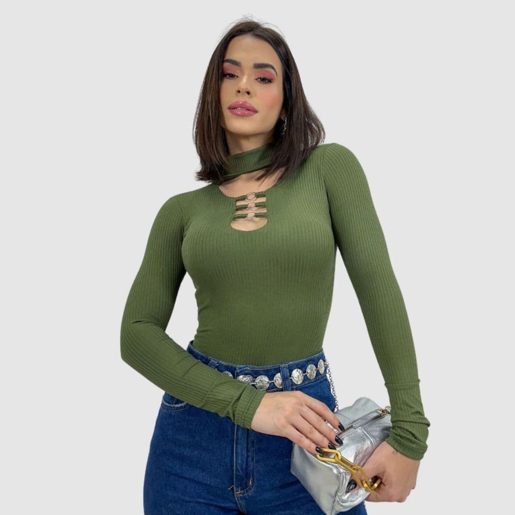Body Blusa Blusinha Manga Longa Gola Choker Roupas Femininas
