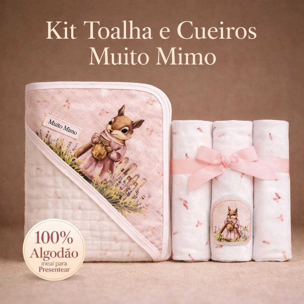 Toalha com Capuz + 3 Cueiros Flanelados Bebê 100% Algodão Macio Enxoval Completo Envio Imediato