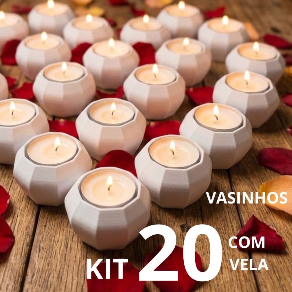 Kit 20 Unidades Mini Vasinhos de Gesso Decorativos com 20 Velas para Lembrancinha Decoração Evento Ambiente Porta Vela