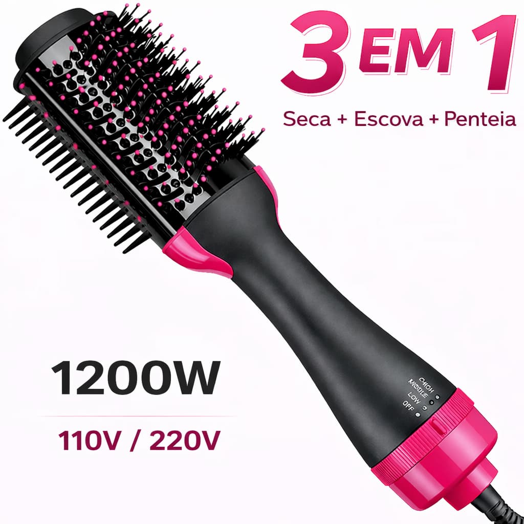 Escova Secadora Alisador Elétrica 1200w 3 em 1 Alisa Seca Modela Volumiza Cabelo 110V/220V