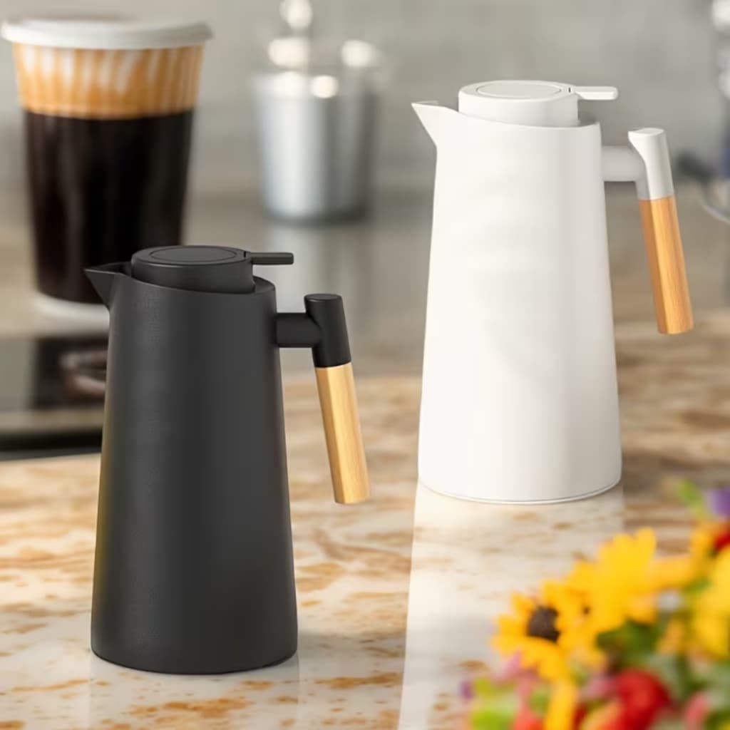 Garrafa Térmica De Àgua Café 1 Litro Com Tampa Para Chás Café Design Moderno Cabo Madeira