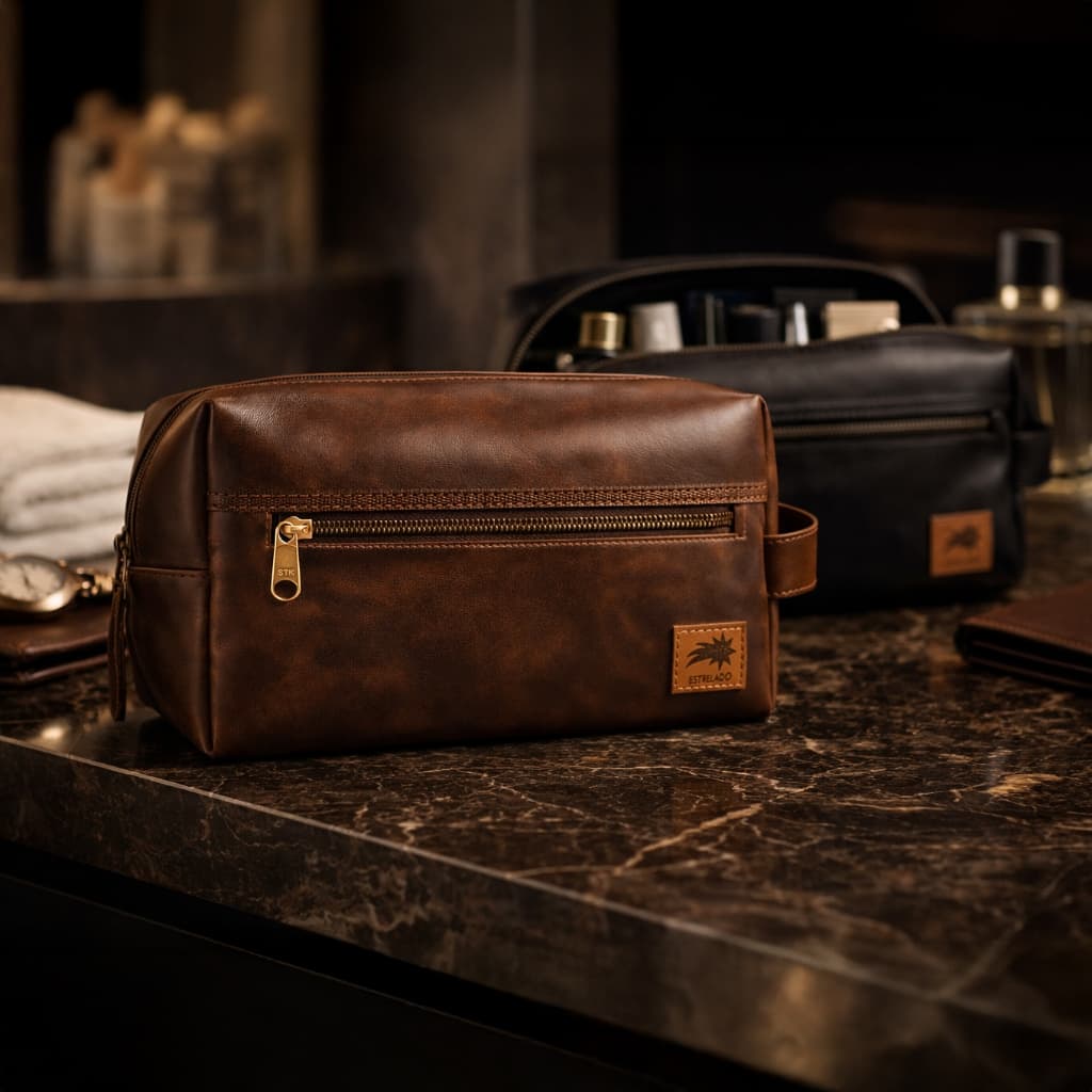 Necessaire de Couro Legítimo Masculina e Feminina – Marrom Preta | Viagem Mala Organização Premium