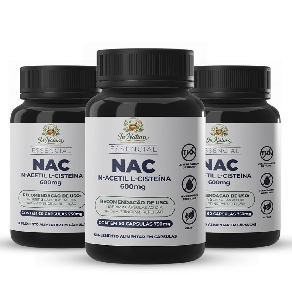 Kit 3 unidades NAC 600mg 180 Cápsulas | Apoio Hepático e Respiratório. Pronta Entrega