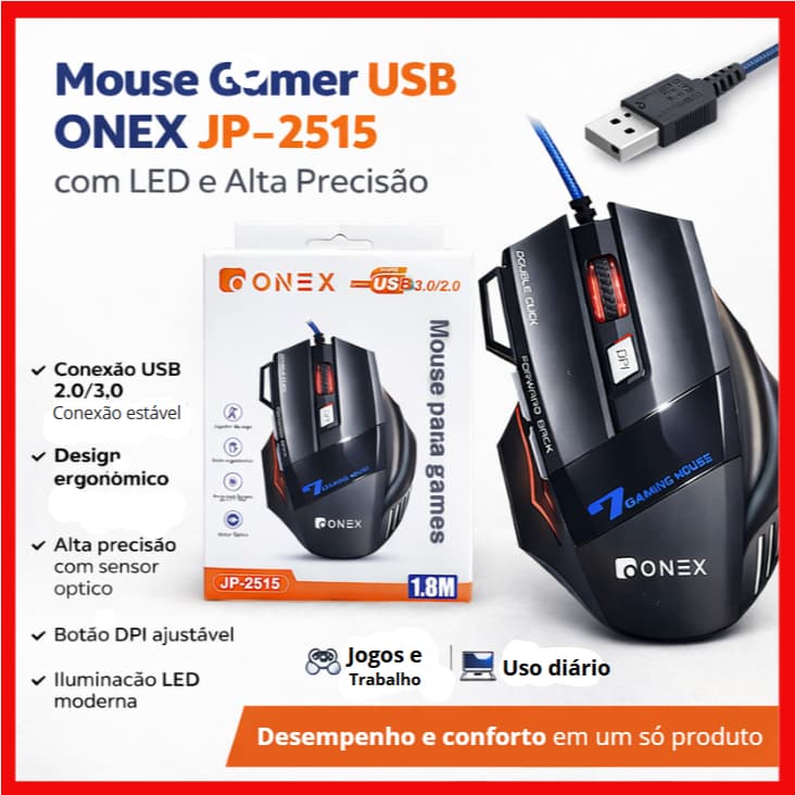 Mouse Gamer HP-2515 USB Com Fio 6000 DPI Óptico LED Ergonômico Alta Precisão Para PC Notebook Jogos