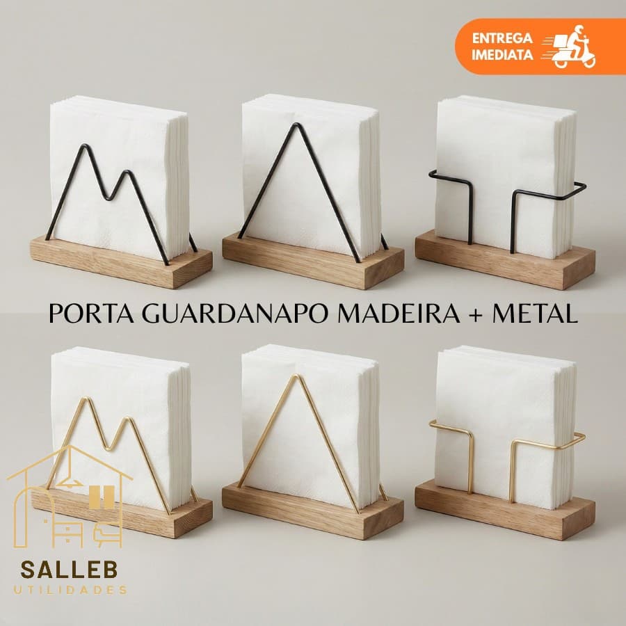 Porta Guardanapo Madeira Aço Dourado Preto Fosco Grande MDF para Mesa Cozinha Suporte