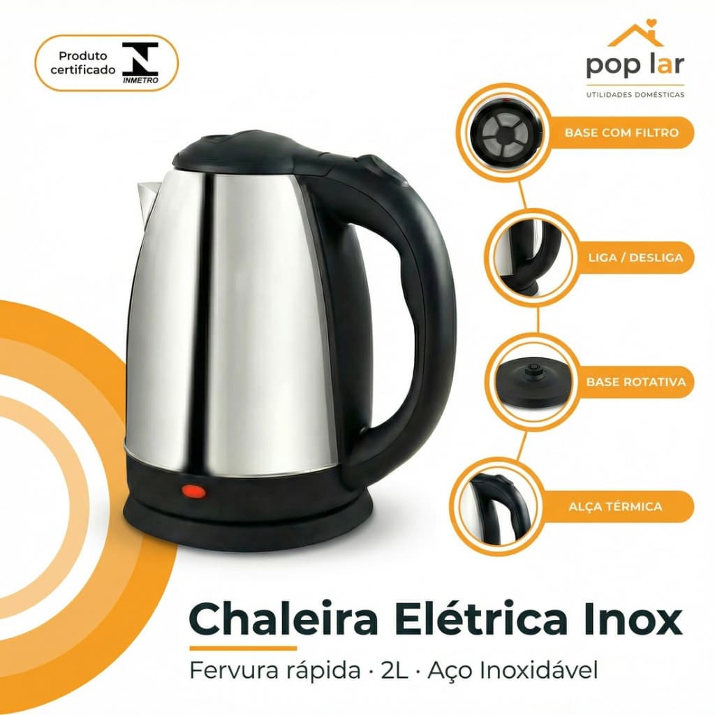 Chaleira Elétrica Inox 2L 110 220V  Fervura Rápida, Desligamento Automático Base 360°