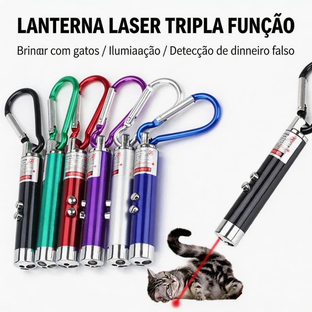 Acessório 3 em 1: Laser para Gatos + Lanterna LED + Verificador de Notas - Portátil com Gancho