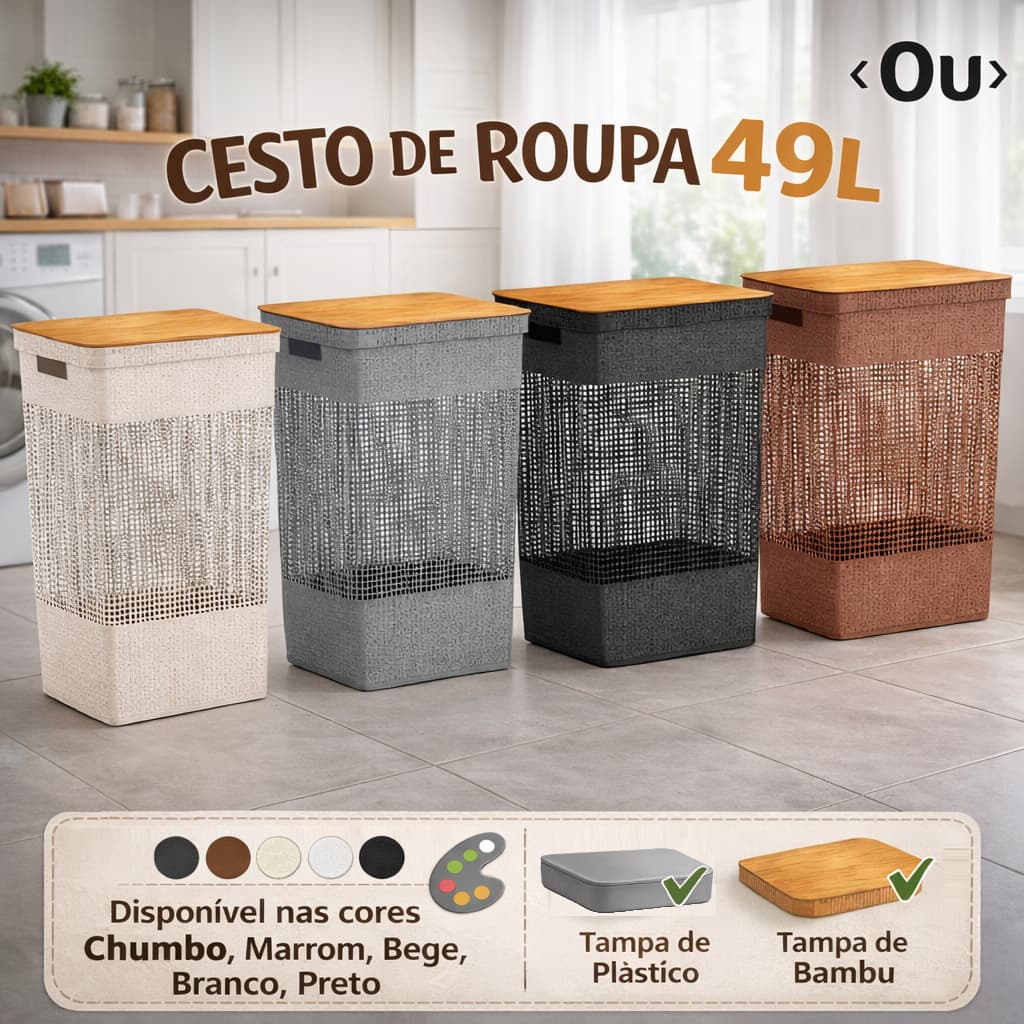 Cesto de Roupas Grid 49L com Tampa Bambu ou Plástico – Organizador Lavandeira OU