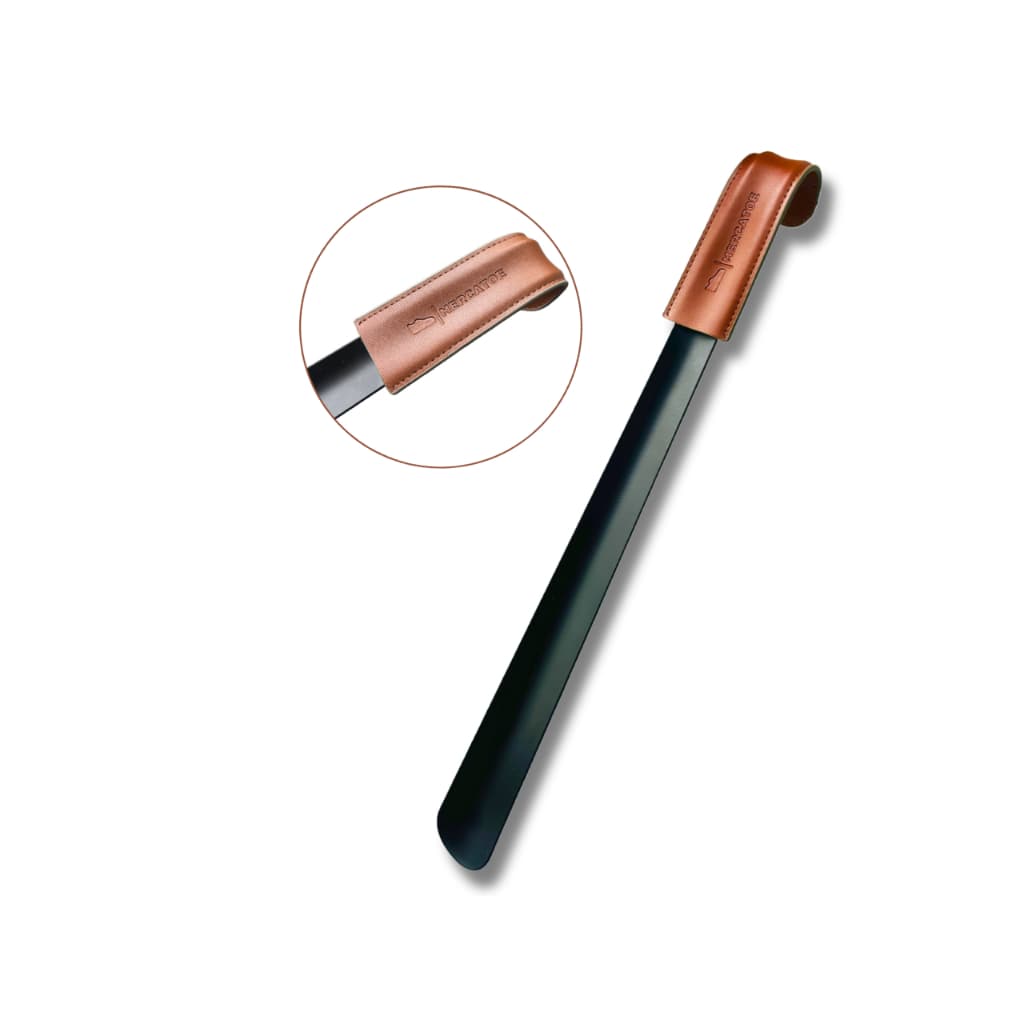 Calçadeira Calçador De Sapatos e Tênis PREMIUM LUXO COURO MARROM 42cm Aço Inox Preto - MERCATOE