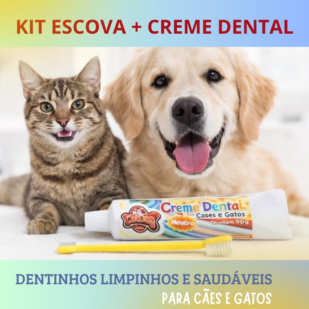Higiene Bocal PET creme dental 90g + escova dente dupla Cuidado Premium para cães e gatos