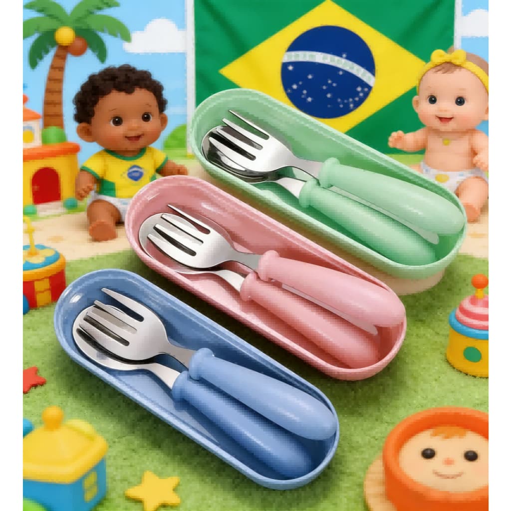 Kit 1-2 ou Unitário Talheres Infantil Aço Inox 304 Colher Garfo Kit Com Estojo Bebe 3 peças