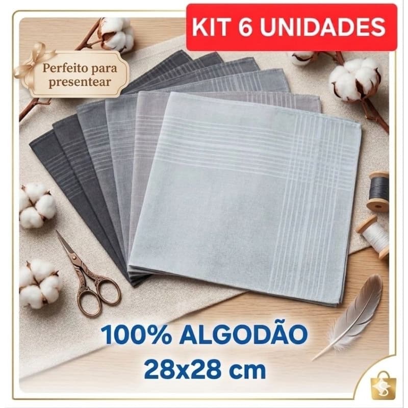 Kit 6 Lenços 100% Algodão Presente Masculino 28x28cm Cor Variado