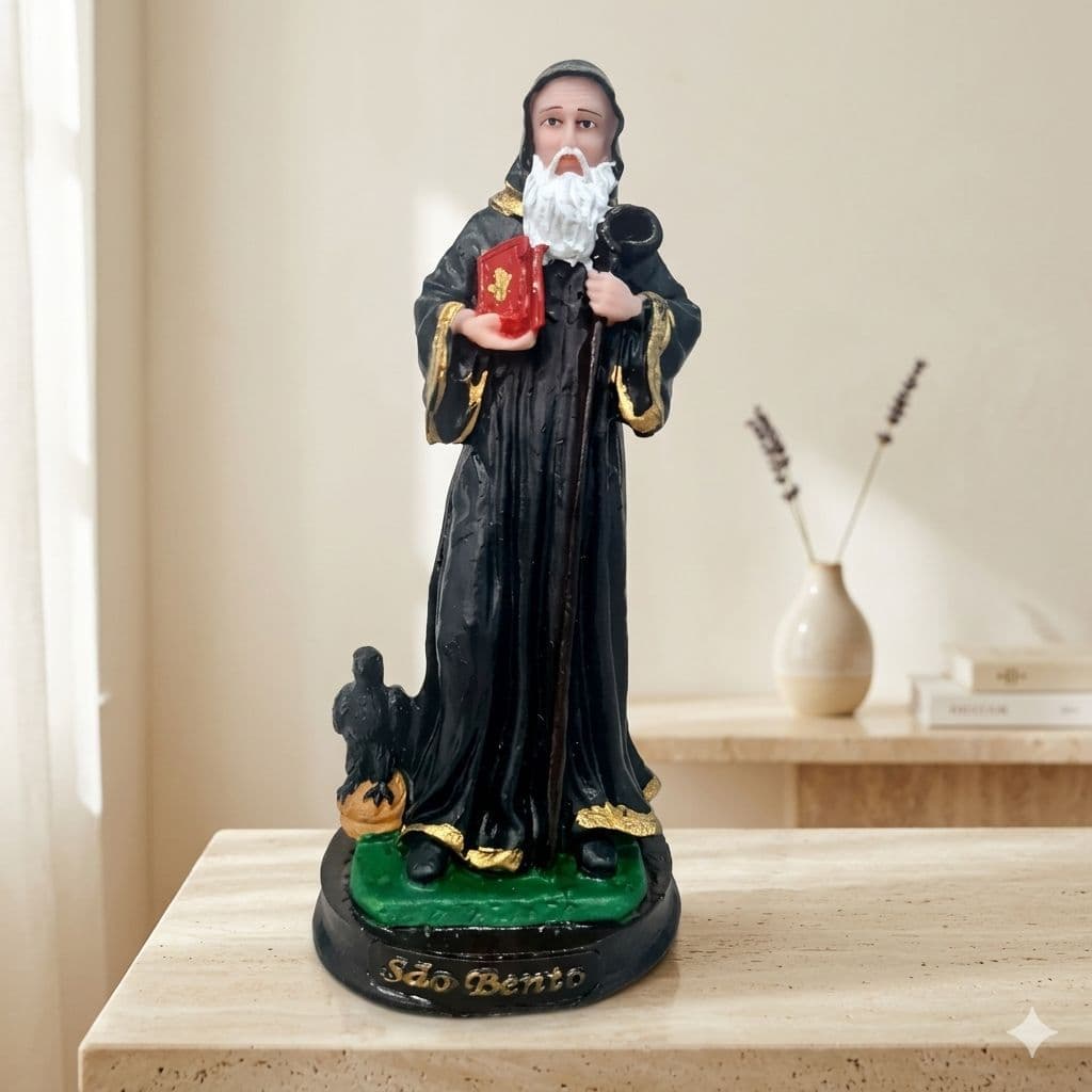 Imagem São Bento 15cm Resina Estatueta Religiosa Proteção Altar Presente Católico Artesanal