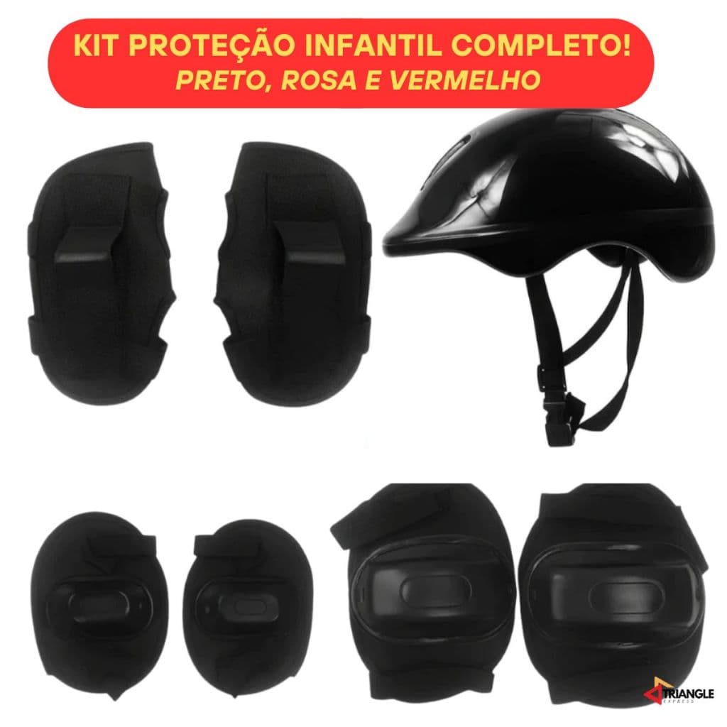 Kit Proteção Infantil 7 Peças Capacete Para Bike Patins Skate Preto Equipamento De Proteção Joelheira Cotoveleira