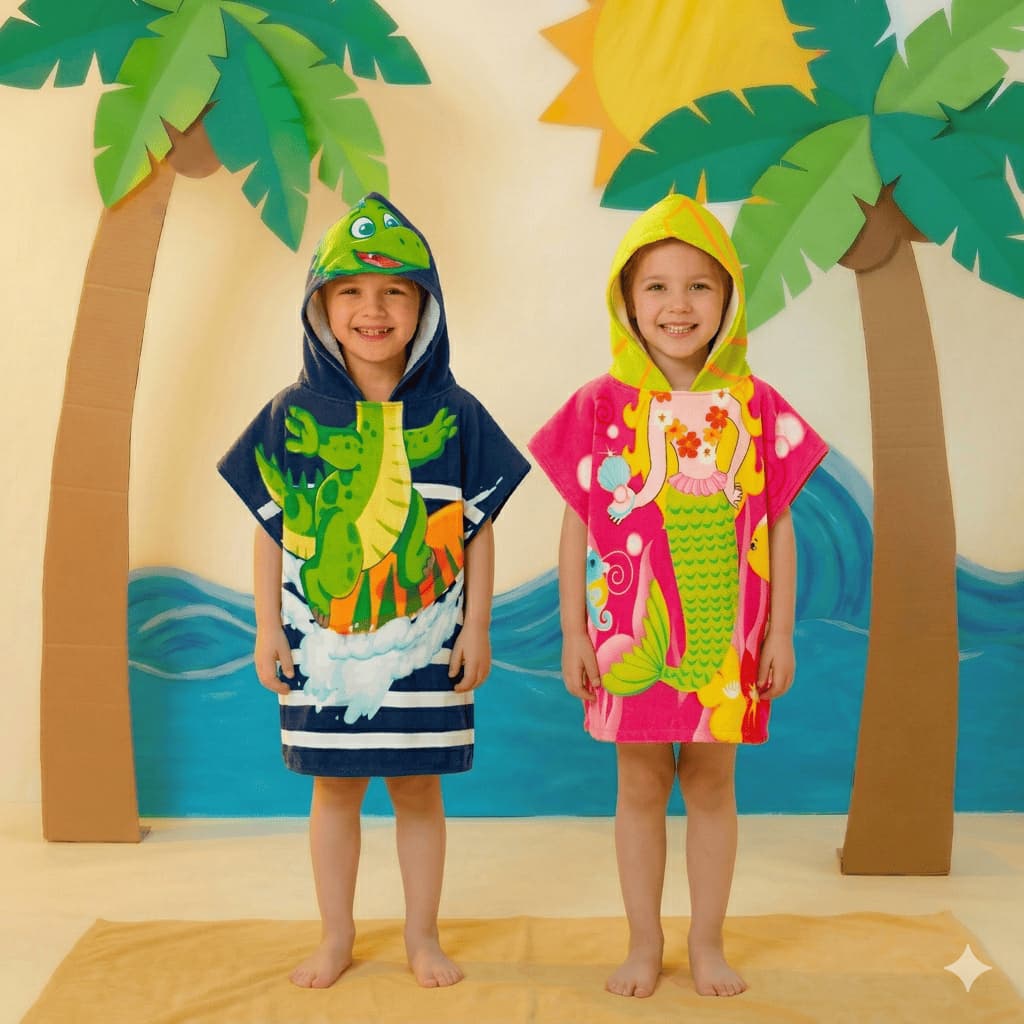 Kit 2 Toalhas Poncho Infantil Estampada Secagem Rápida Praia Piscina Banho Com Capuz chessed