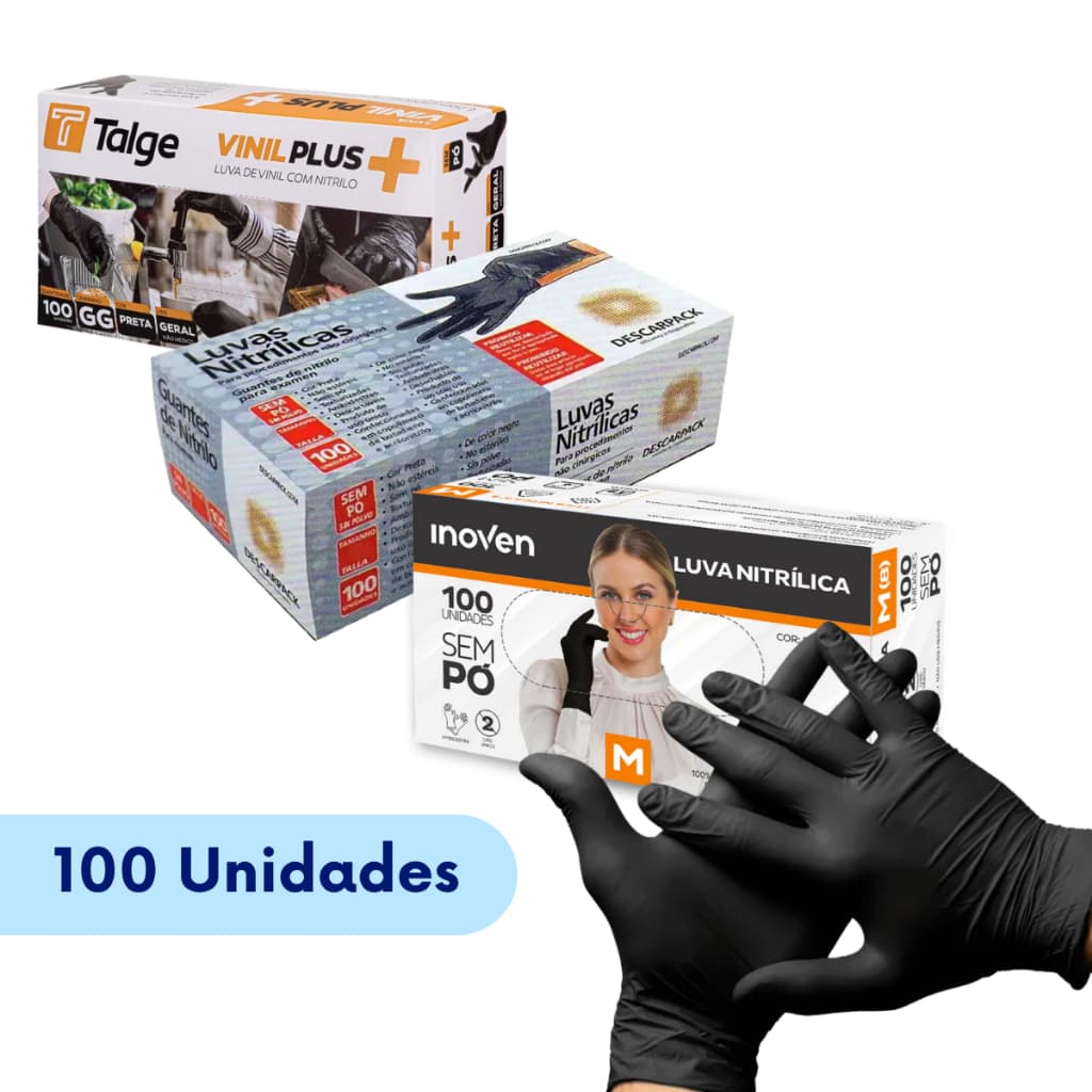 Luva Nitrílica Preta Sem Pó Descartável Tam P M G 100un Proteção Flexível Ajustável Resistente