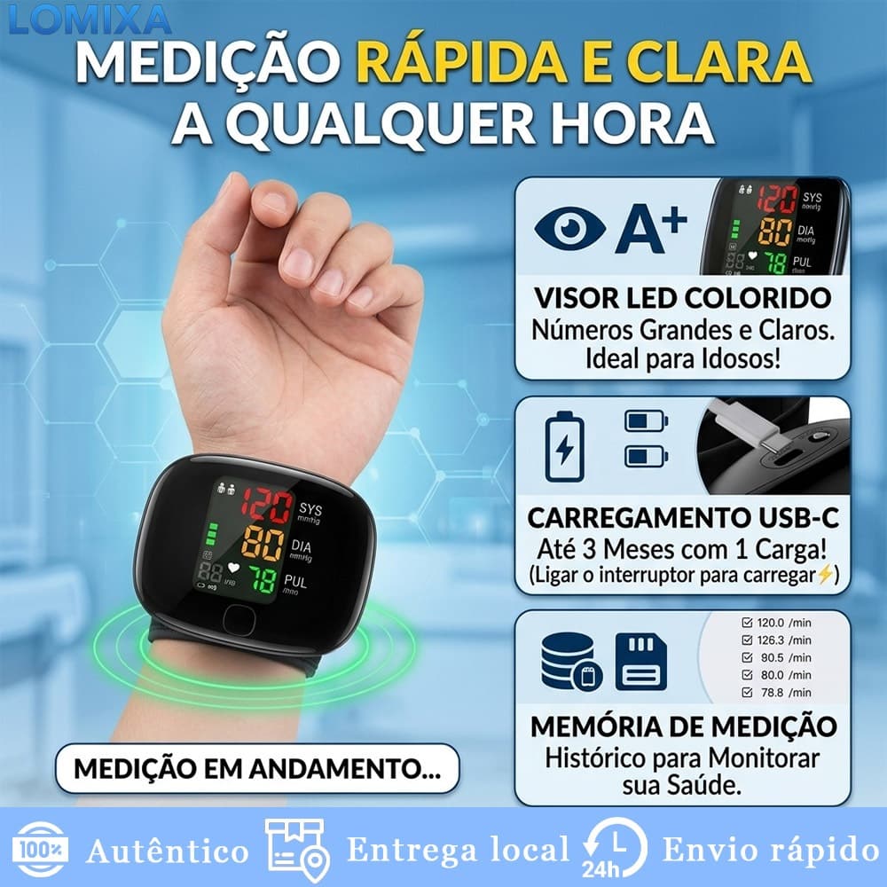 Esfigmomanômetro Digital de Pulso Automático Profissional com Tela LED Inteligente Alta Precisão e Voz