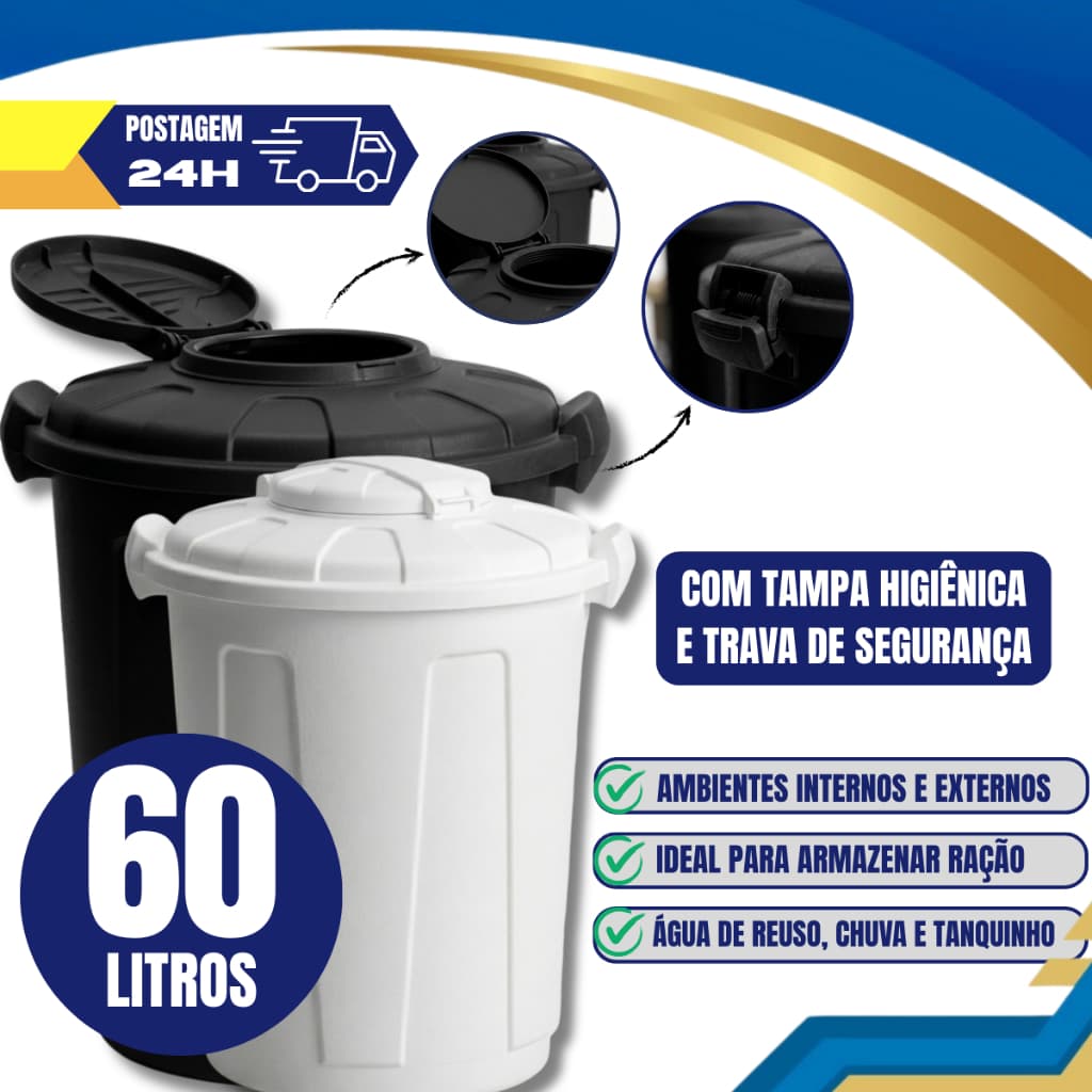 Lixeira Cesto Multiuso 60 Litros Tampa e Trava Higiênica Prédio Escola Edifícios Coleta Seletiva