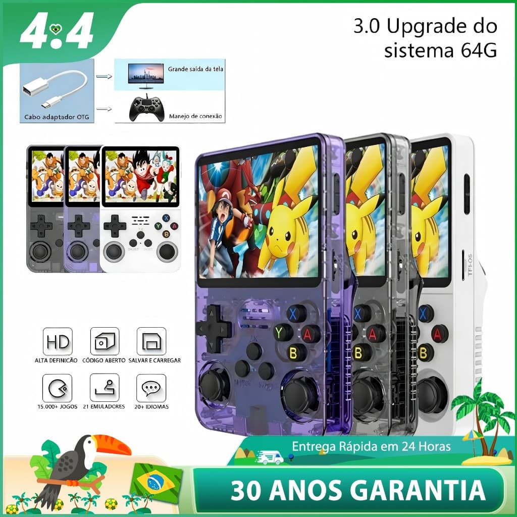 Console Portátil R36S + de 15.000 Jogos Vídeo Game 64g Arkos Tela IPS 3.5 Polegadas a Pronta Entrega
