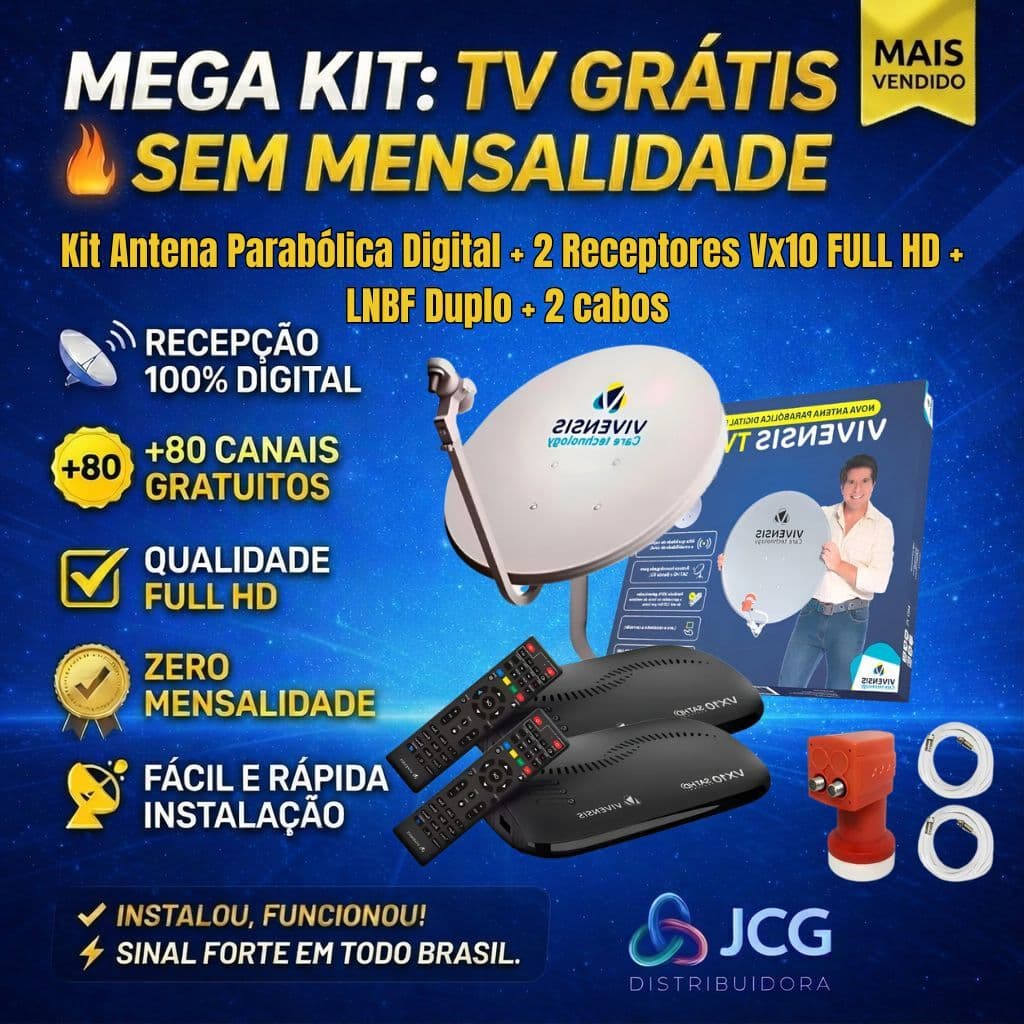 Kit Antena Parabólica Digital Banda KU + 2 Receptores Vx10 FULL HD + LNBF Duplo + 2 cabos RG-59 15