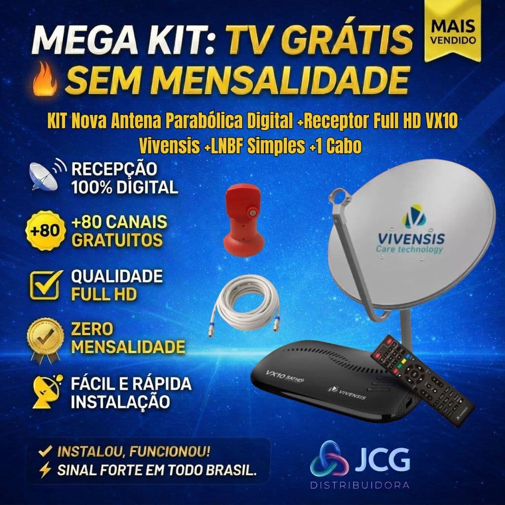 KIT Nova Antena Parabólica Digital +Receptor Full HD VX10 Vivensis +LNBF Simples +1 Cabo RG-59 15mts