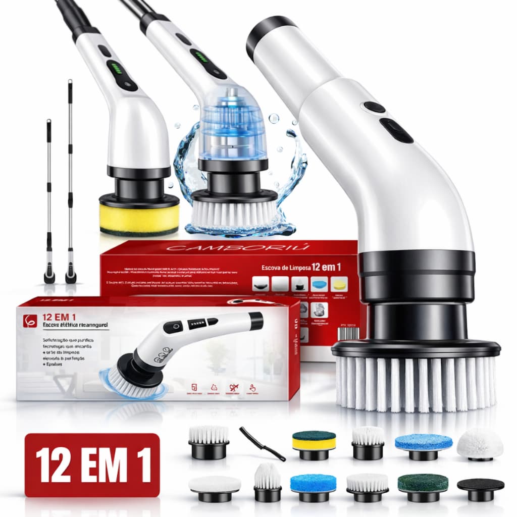 Escova Elétrica de Limpeza 12 em 1 giratória portátil Sem fio, Escova 5 em 1 e Refil de Acessórios
