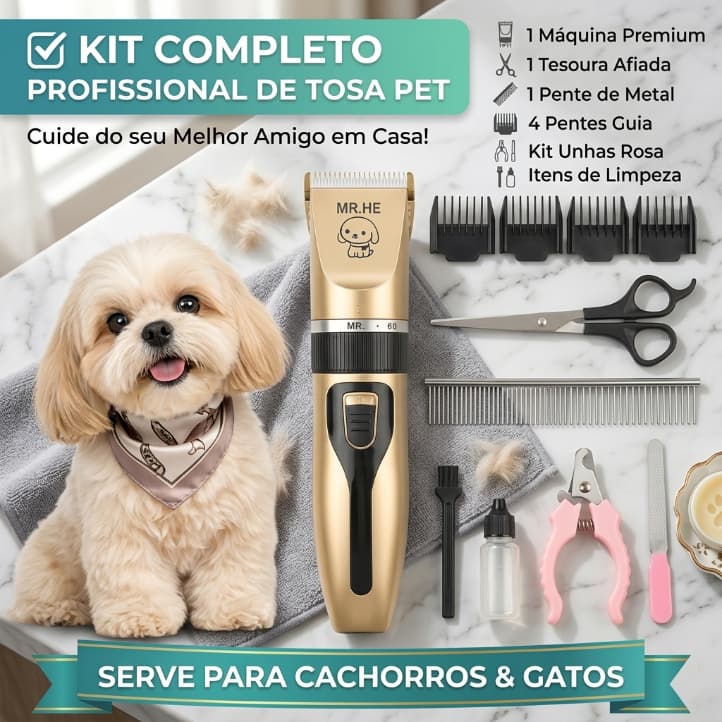Máquina de Tosa Pet Profissional para Cachorro e Gato Kit Completo com Tesoura Pente e Lixa