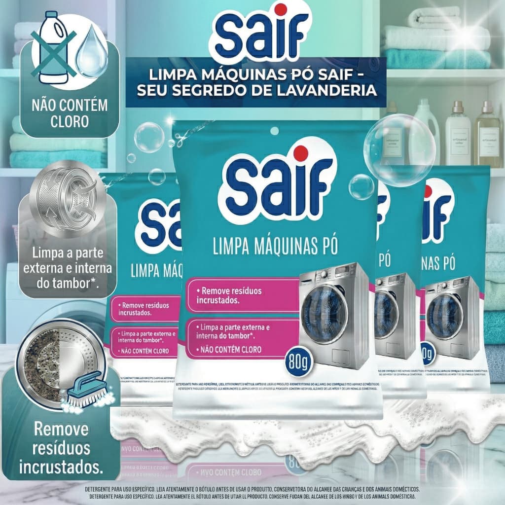 Limpa Máquina de Lavar Roupa Saif 80g - Sachê Pó Limpeza Profunda - Kit C/ 5, 3 e 1 Unidades